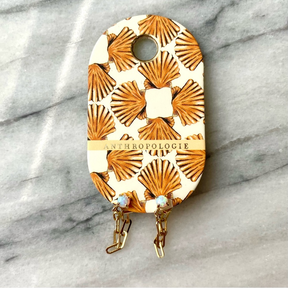 NWT Anthropologie TAI Chain Link Drop Earrings Gold Opal Stone - Picture 5 of 16